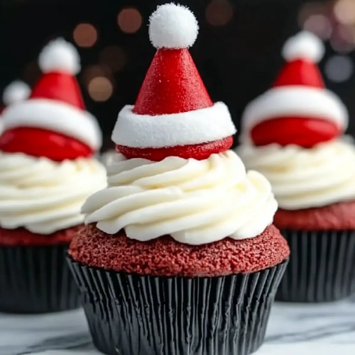 Santa Hat Topped Red Velvet Cupcakes