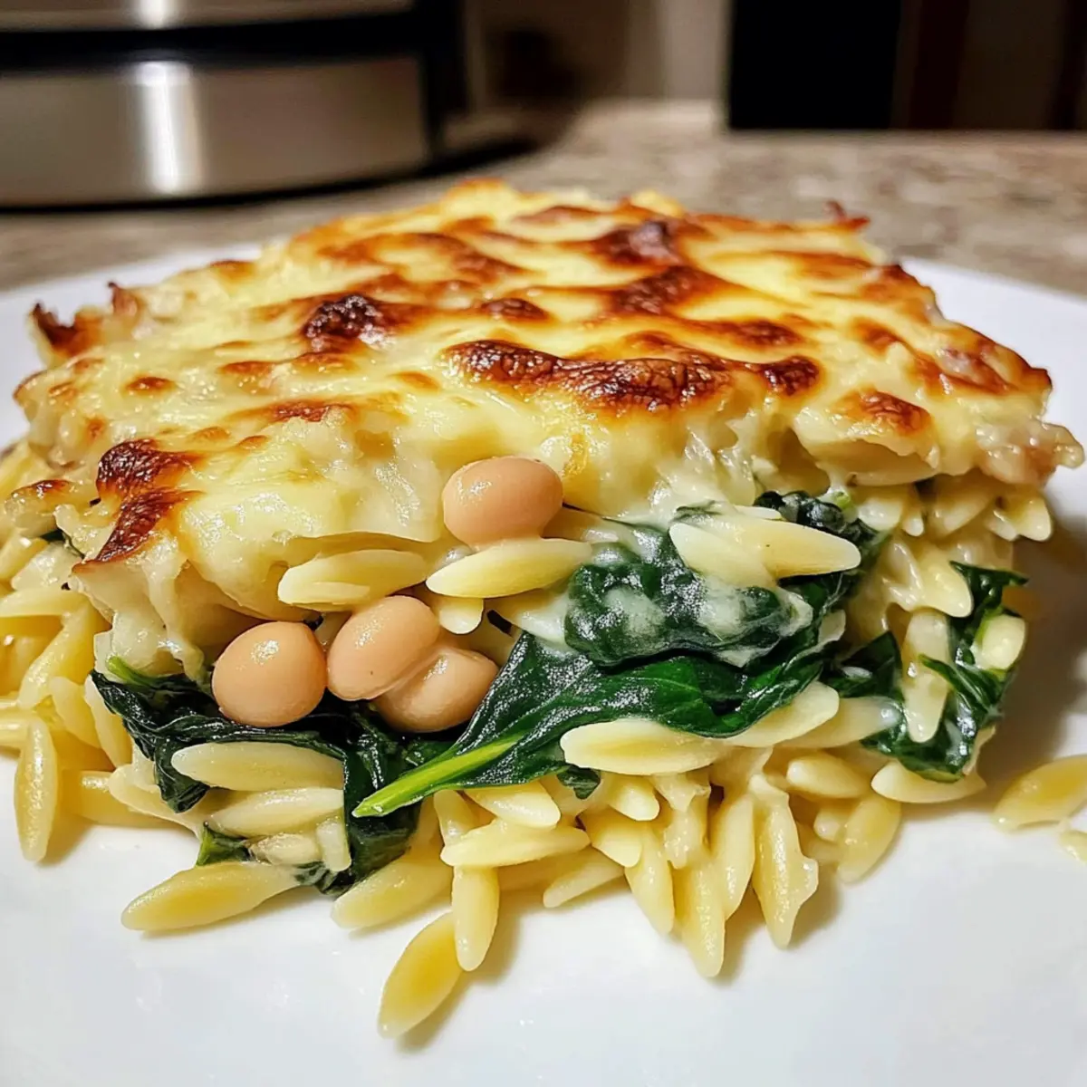 Cheesy Spinach Orzo with White Beans